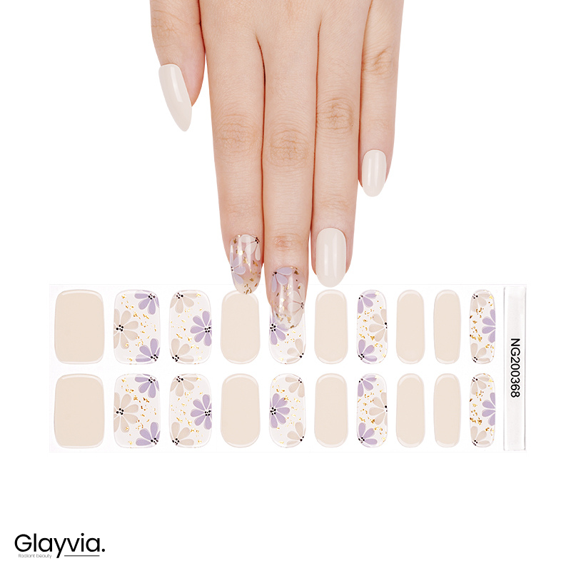 Glayvia nude floral semi cured gel nail wraps with lavendar floral design
