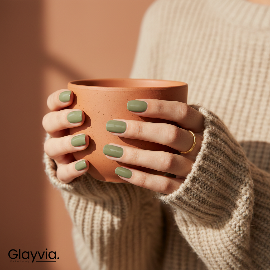 Hands holding ceramic cup showing Glayvia olive green semi-cured gel nail wraps manicure (NG200028)