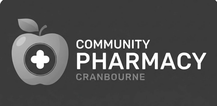 Logo of glayvia retailer Community Pharmacy Cranbourne with an apple and cross symbol on a black background