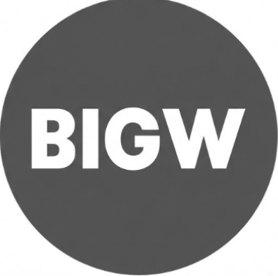 glayvia retailer woolworths BIGW logo on a black circle with a white background