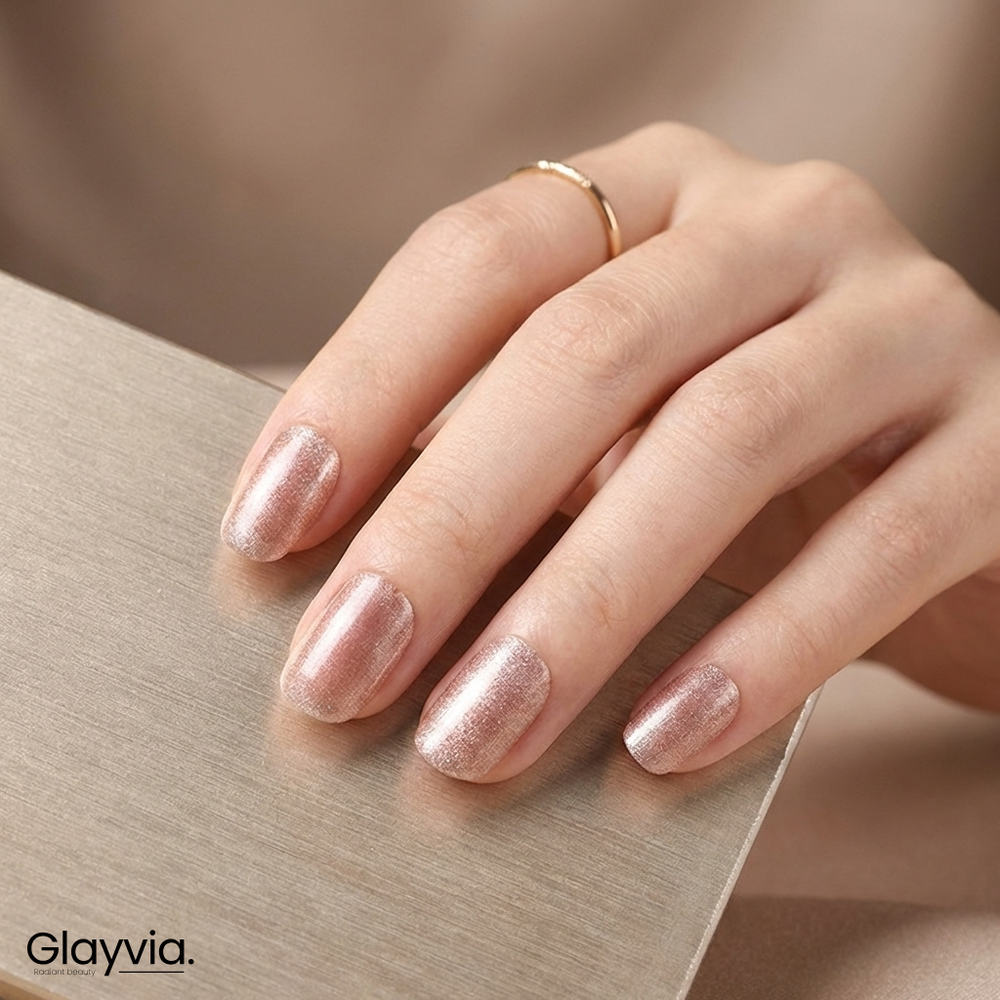 Hand wearing Glayvia rose champagne semi-cured gel nail wraps showing metallic shimmer manicure on natural nails (NG200228)