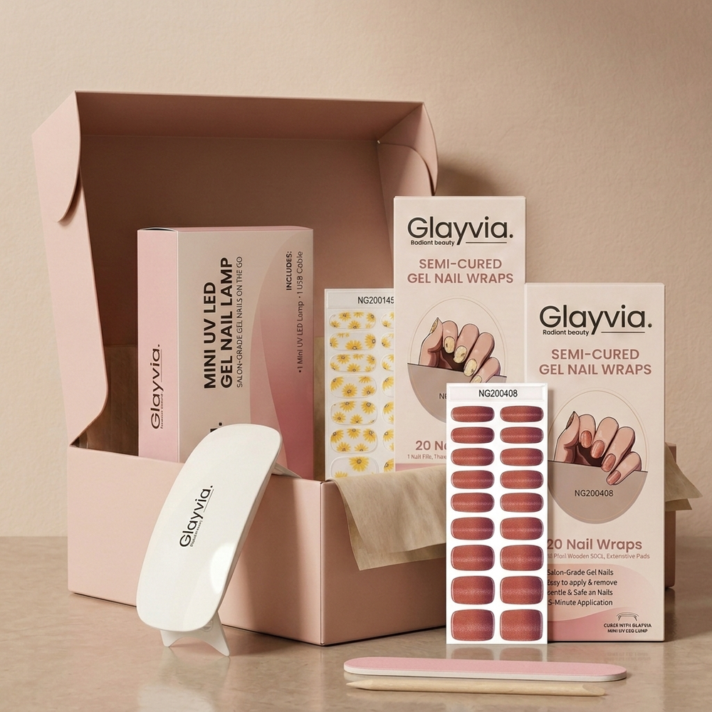 Glayvia semi cured gel nail wraps starter kit with mini UV LED nail lamp, nude pink gift box bundle for at home gel manicure in Australia.