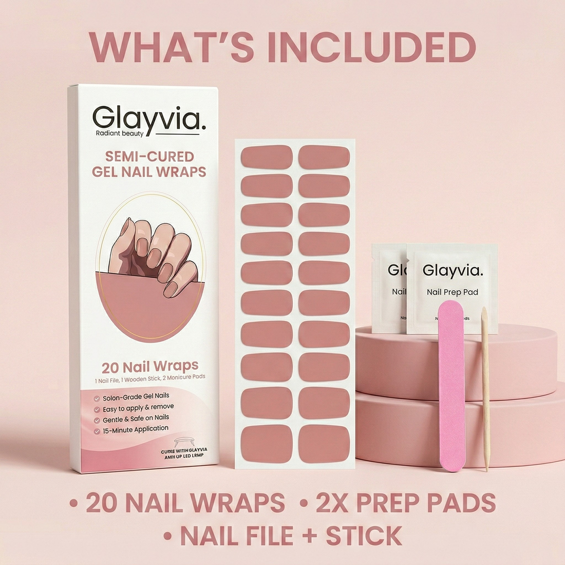 Glayvia semi-cured gel nail wraps kit with 20 gel nail strips, prep pads, nail file and cuticle stick for at-home gel manicure.