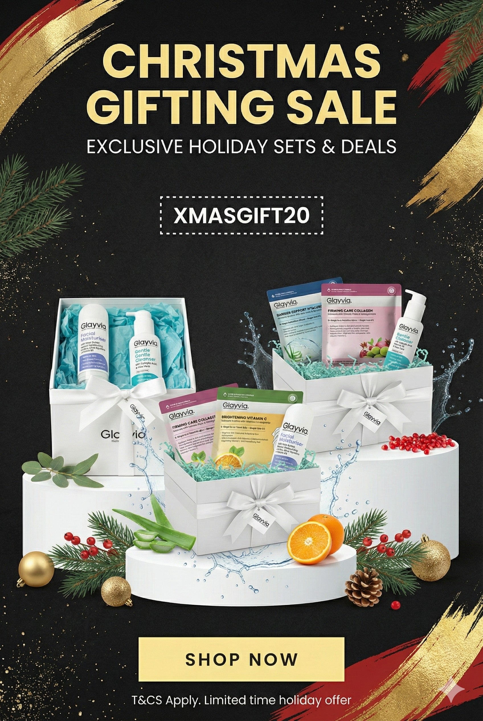 Glayvia Skincare Christmas gifting sale with gift sets and promotional text on a festive background using XMASGIFT20