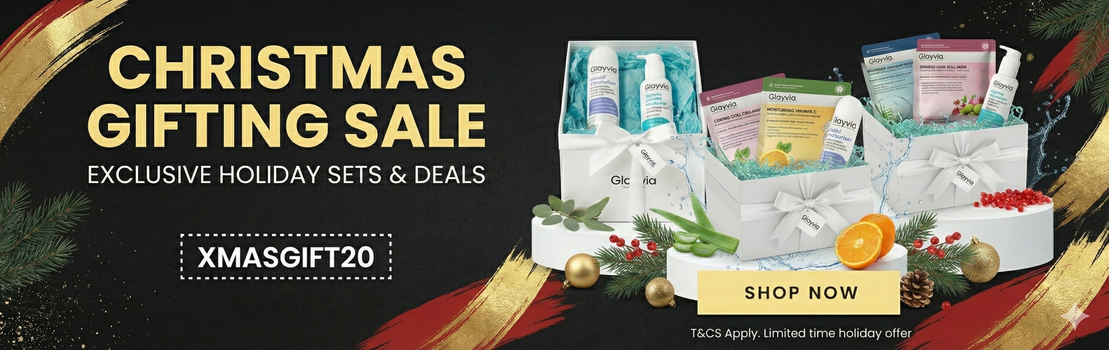 Glayvia Skincare Christmas gifting sale with gift sets and promotional text on a festive background using XMASGIFT20