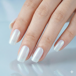 Silky Pearls iridescent white gel nail wraps with glossy pearl chrome effect on short natural nails