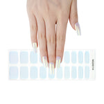 Silky Pearls semi cured gel nail strips with pearlescent chrome finish displayed on natural short nails with full strip sheet.