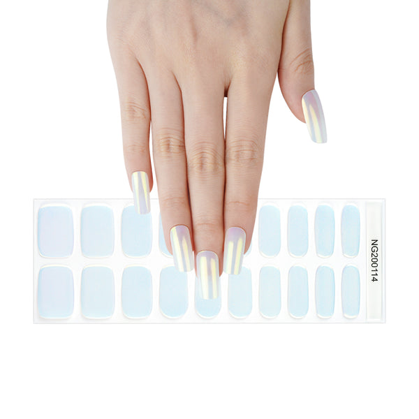 Silky Pearls semi cured gel nail strips with pearlescent chrome finish displayed on natural short nails with full strip sheet.