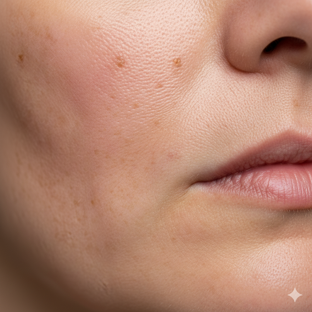 Close-up of a person's face with visible skin texture and pores.